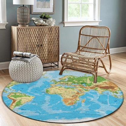 Soft Round Yoga Carpet, Large Home Decor Mat, Non-Slip Machine Washable Kitchen Office Circle Rug Compatible with World Map
