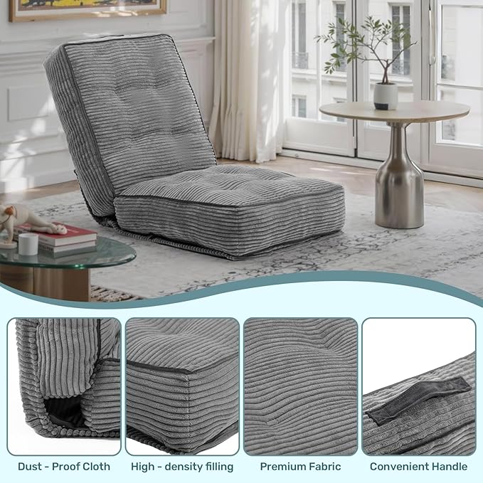 HollyHOME Adjustable Floor Chair with 6 Positions, Folding Lazy Sofa Recliner with Back Support, Thick Sponge Cushion and Portable Handle, Comfy Gaming Meditation Chair for Dorm, Bedroom, Dark Grey