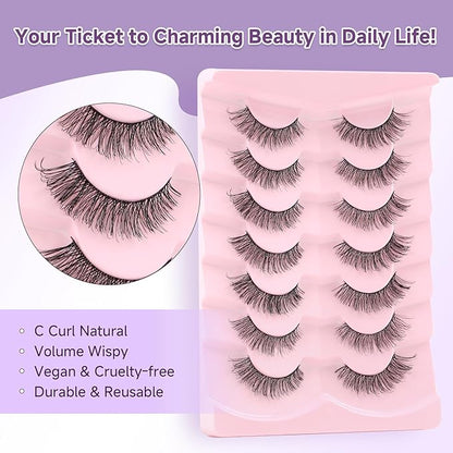 Wispy Lashes Natural Cat Eye Lashes 14mm False Eyelashes Thin Memory Band Volume False Lashes Soft Strip Lashes Pack C Curl Natural Eyelashes Fake Eyelashes 7 Pair EVENTILL