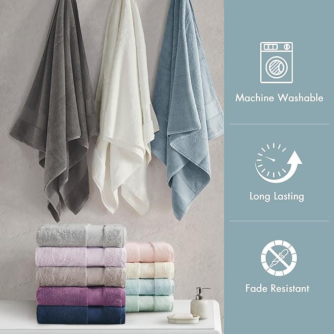 Madison Park Turkish 100% Cotton 600Gsm Luxury Premium Thick Soft Absorbent Hotel Bathroom Towel Set Shower Hand Face Washcloths, Assorted Sizes, Light Blue 6 Piece