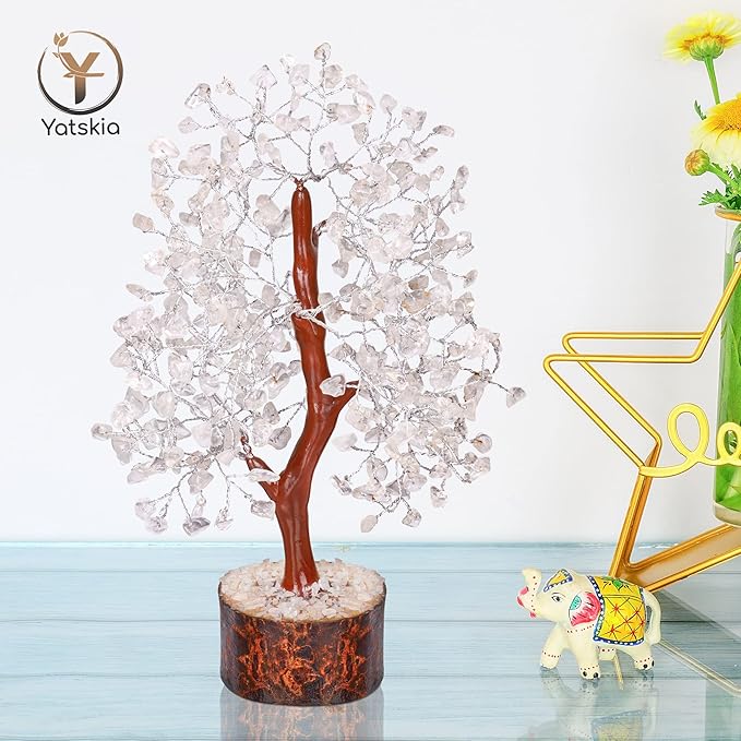 YATSKIA Clear Quartz Crystal Tree - Sculpture, Handmade 100% Natural Gemstones, Customizable, Home Decor, Feng Shui, Housewarming Gift