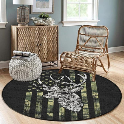 Large Home Decor Mat, Soft Round Yoga Carpet, Non-Slip Machine Washable Kitchen Office Circle Rug Compatible with Deer Camo Camouflage American Flag Hunting Black