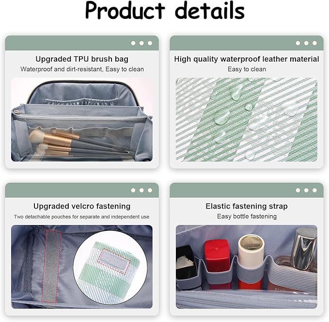 BOYATU Travel Makeup Bag Organizer Cosmetic Bag: 3 Pcs Set Make up Bags for Women with Handle - Waterproof Vegan Leather Toiletry Bags Travel Essentials Pouch with Compartments (F-02-Green)