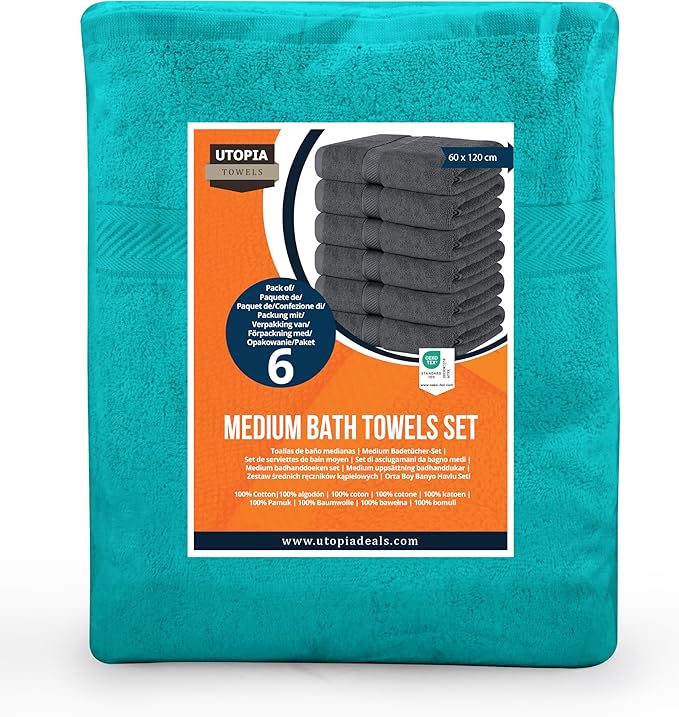 Utopia Towels 6 Pack Medium Bath Towel Set, 24 by 48 Inches, 500 GSM 100% Ring Spun Cotton, Lightweight and Highly Absorbent Quick Drying Premium Towels for Hotel, Spa and Bathroom, Turquoise
