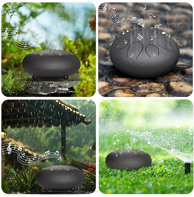 Rain Drum for Outside Garden, 6 Inches 8 Notes Steel Tongue Chakra Drums, Waterproof Echo Rain Chime Meditation Drums, Musical Instruments for Adult Gift with Bag, Music Book, Drum Mallets (Black)
