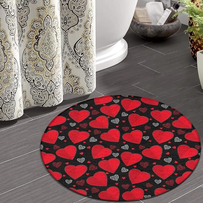 Soft Round Yoga Carpet, Large Home Decor Mat, Non-Slip Machine Washable Kitchen Office Circle Rug Compatible with Valentine's Day Elegant Red Love Heart Black