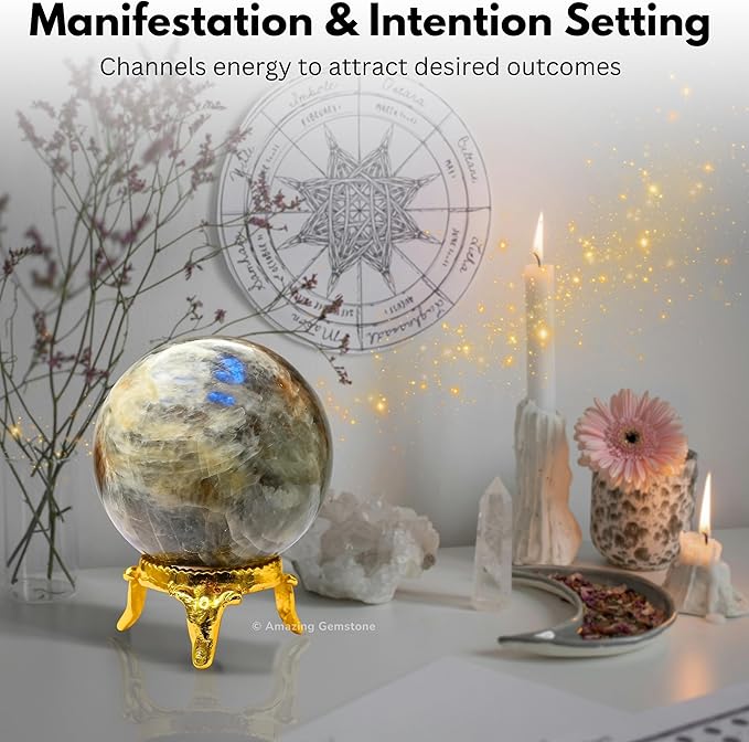 Amazing Gemstone Sun Moonstone Crystal Ball with Stand - 2 Inches Crystal Sphere Meditation Balls for Witchcraft and Decorative Balls