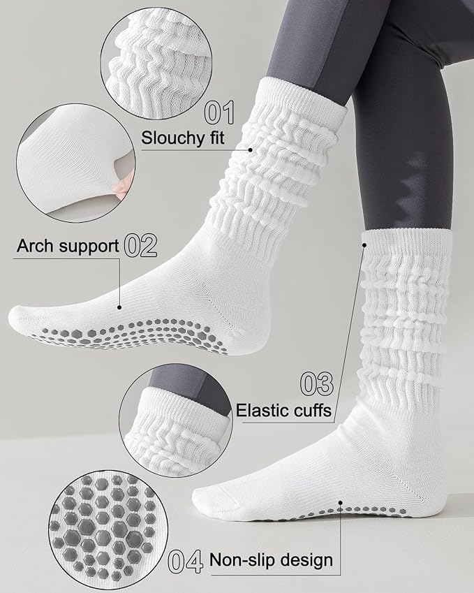 3 Pairs Grip Pilates Socks for Women Non Slip Long Slouchy Socks for Yoga Barre Workout Hospital