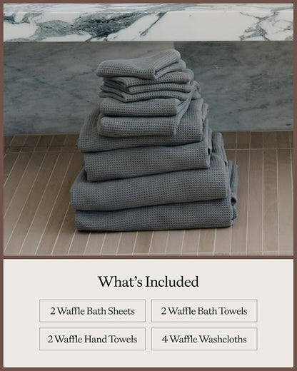 Cozy Earth Complete Waffle Bath Bundle - 60% Cotton 40% Viscose from Bamboo - Quick Dry & Ultra-Soft Waffle Weave Bath Towels - 4 Washcloths, 2 Hand Towels, 2 Bath Towels, 2 Bath Sheets, Charcoal