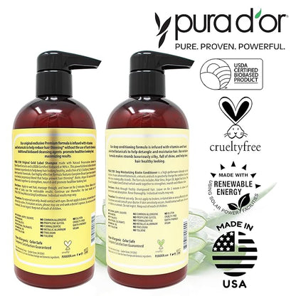 PURA D'OR Anti-Thinning Biotin Shampoo & Deep Moisturizing Conditioner Original Gold Label Set (16oz x2) Natural Earthy Scent, CLINICALLY TESTED Effective Results, Hair Thickening Product, Women & Men
