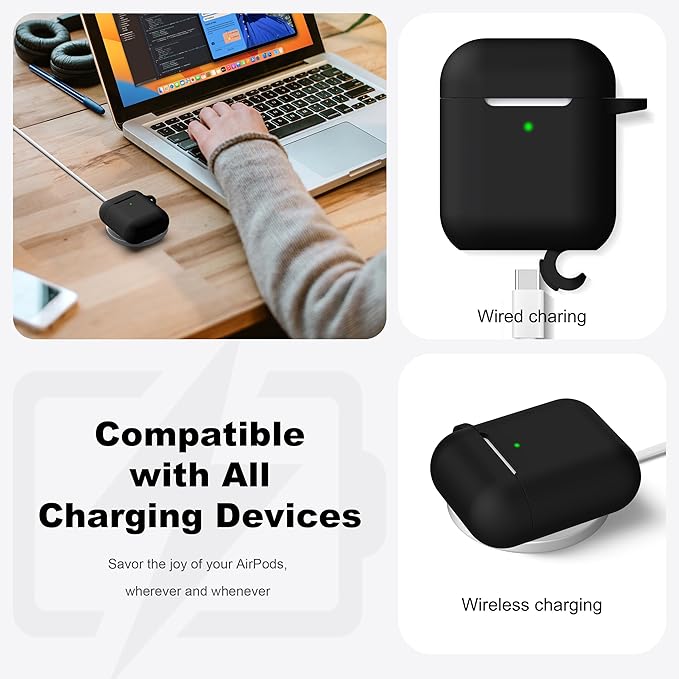 R-fun Compatible with AirPods Case Cover, Soft Silicone Protective Cover with Keychain for Women Men Compatible with Apple AirPods 2nd 1st Generation Charging Case, Front LED Visible,Black