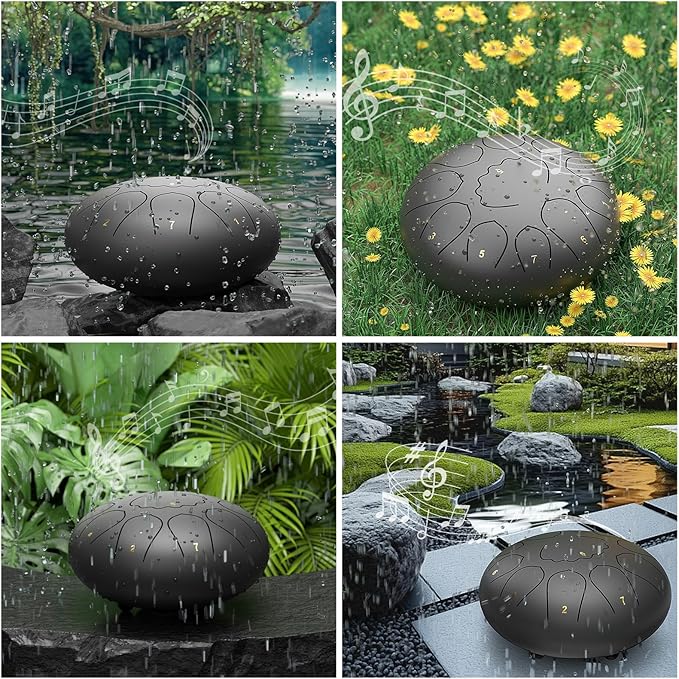 Rain Drum for Outside Garden, 8 Inches 11 Notes Steel Tongue Chakra Drum, Waterproof Meditation Rain Chime, Musical Instruments for Adult Gift with Bag, Music Book, Mallets (Black)