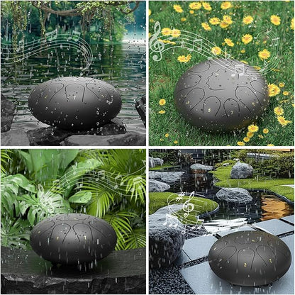 Rain Drum for Outside Garden, 8 Inches 11 Notes Steel Tongue Chakra Drum, Waterproof Meditation Rain Chime, Musical Instruments for Adult Gift with Bag, Music Book, Mallets (Black)