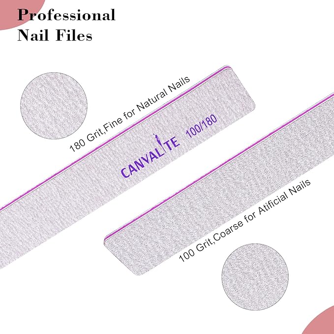 Canvalite 12pcs 100/180 Grit Coarse Nail Files for Acrylic Nails Professional Nail File Reusable Emery Board Nail Styling Tools for Home and Salon Use