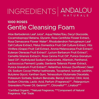 Andalou Naturals 1000 Roses Gentle Cleansing Foam | Foaming Face Wash with Rose Stem Cells & Organic Aloe Leaf Juice | Hydrating Daily Cleanser for Sensitive Skin | 5.5 fl oz