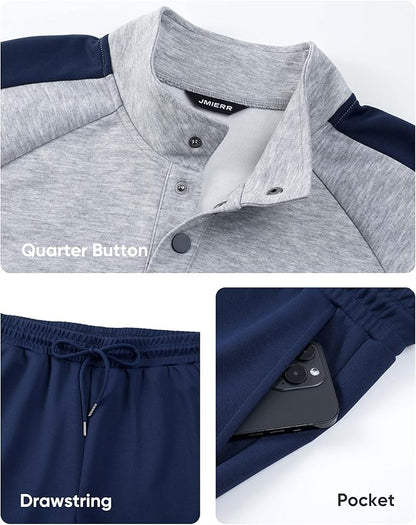 JMIERR Men's 2 Piece Casual Outfits Quarter Button Lightweight Sweatshirt Tracksuit & Joggers Sweatpants Sweatsuit Set