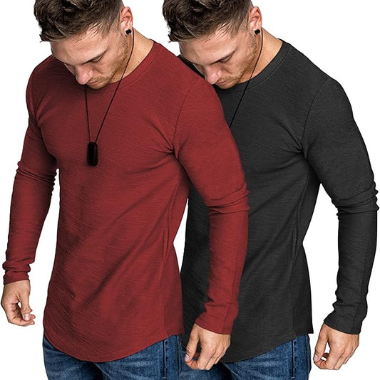 COOFANDY Men 2 Pack Muscle Fitted T Shirt Gym Workout Athletic Long Sleeves Tee