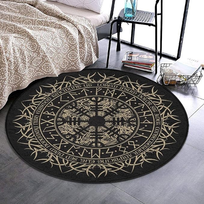 Soft Round Yoga Carpet, Large Home Decor Mat, Non-Slip Machine Washable Kitchen Office Circle Rug Compatible with Cool Norse Viking Vegvisir Runic Compass