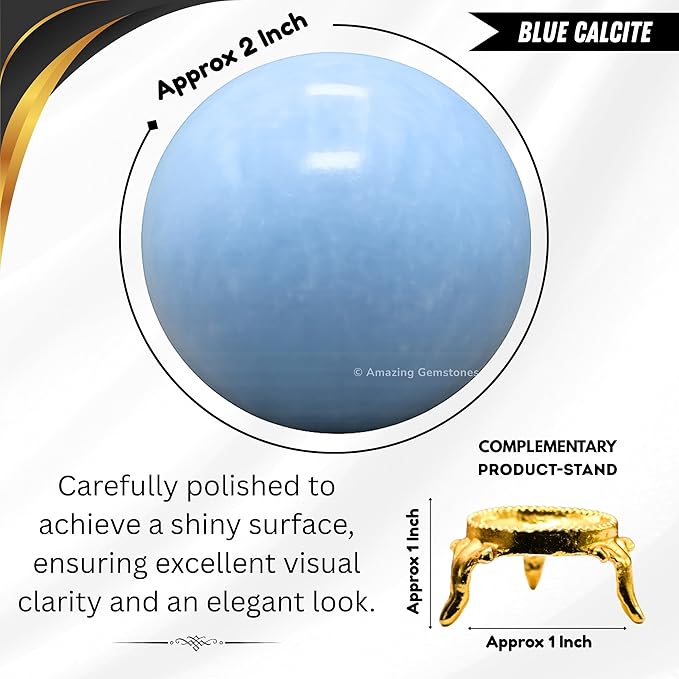 Amazing Gemstone Blue Calcite Crystal Ball with Stand - 2" Inches Crystal Sphere Meditation Balls for Witchcraft and Decorative Balls