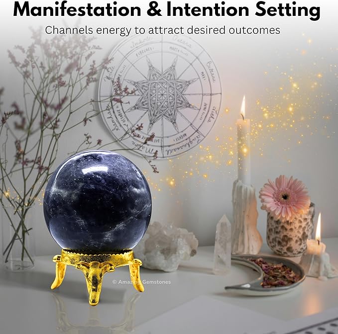 Amazing Gemstone Iolite Crystal Ball with Stand - 2 Inches Crystal Sphere Meditation Balls for Witchcraft and Decorative Balls