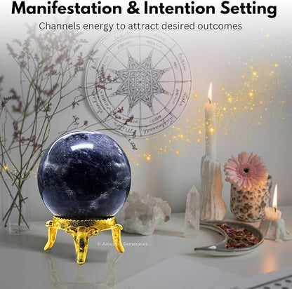 Amazing Gemstone Iolite Crystal Ball with Stand - 2 Inches Crystal Sphere Meditation Balls for Witchcraft and Decorative Balls