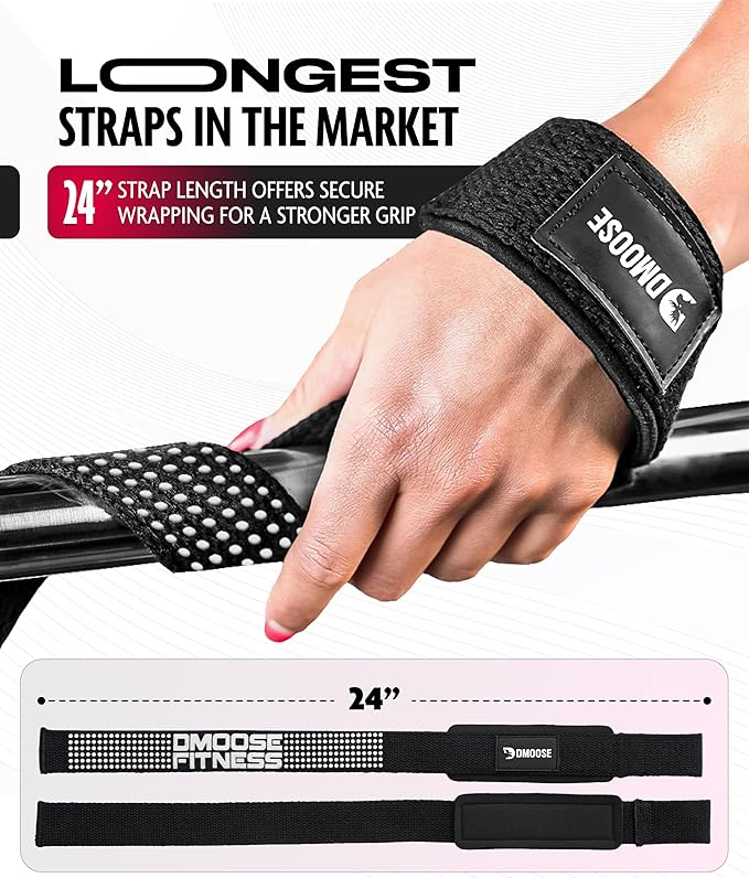 DMoose Fitness Lifting Straps 24" (Pair) - 5mm Padded Durable Wrist Straps for Weightlifting & Powerlifting - Cotton Lifting Strap with Silicone Grip for Men & Women - Deadlift Strap for Gym Workout