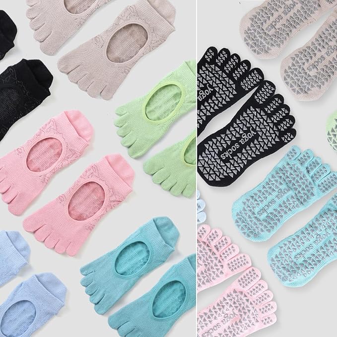 CHUNFO Grip Socks Womens Pilates Yoga Barre Non Slip Stripes Cotton Ankle Anti-Skid Sock Size 5-10