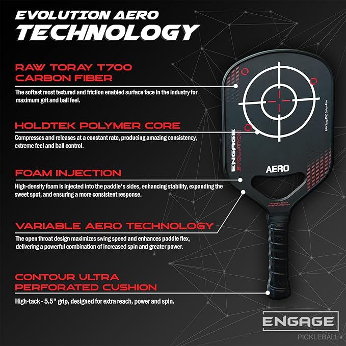 Engage Evolution Aero Pickleball Paddle | Raw Toray T700 Carbon Fiber Pickleball Paddle | Hybrid Elongated Shape | HoldTEK Polymer Core | USAPA Approved | Designed for Power and Control - Scarlet Red