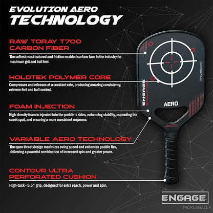 Engage Evolution Aero Pickleball Paddle | Raw Toray T700 Carbon Fiber Pickleball Paddle | Hybrid Elongated Shape | HoldTEK Polymer Core | USAPA Approved | Designed for Power and Control - Scarlet Red