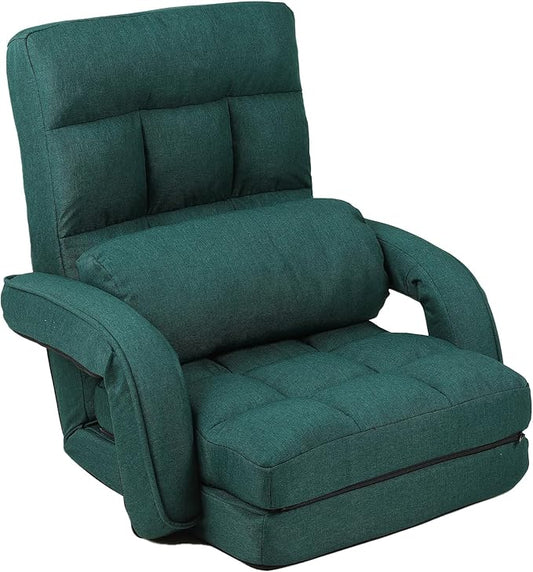 FLOGUOR 14-Position Adjustable Floor Chair, Chaise Lounge Indoor, Folding Lazy Sofa with Armrests and a Pillow Padded Adults Gaming Chairs for Living Room, Bedroom Factory Price, 8803XM (Green)