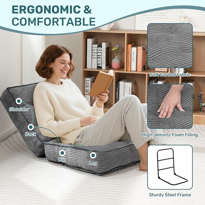 HollyHOME Adjustable Floor Chair with 6 Positions, Folding Lazy Sofa Recliner with Back Support, Thick Sponge Cushion and Portable Handle, Comfy Gaming Meditation Chair for Dorm, Bedroom, Dark Grey