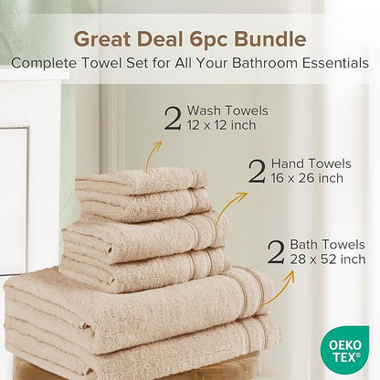 Comfort Spaces 6 Piece Luxury Bath Towel Set - 100% Cotton, Quick Dry, Zero Twist, Super Soft - Beige