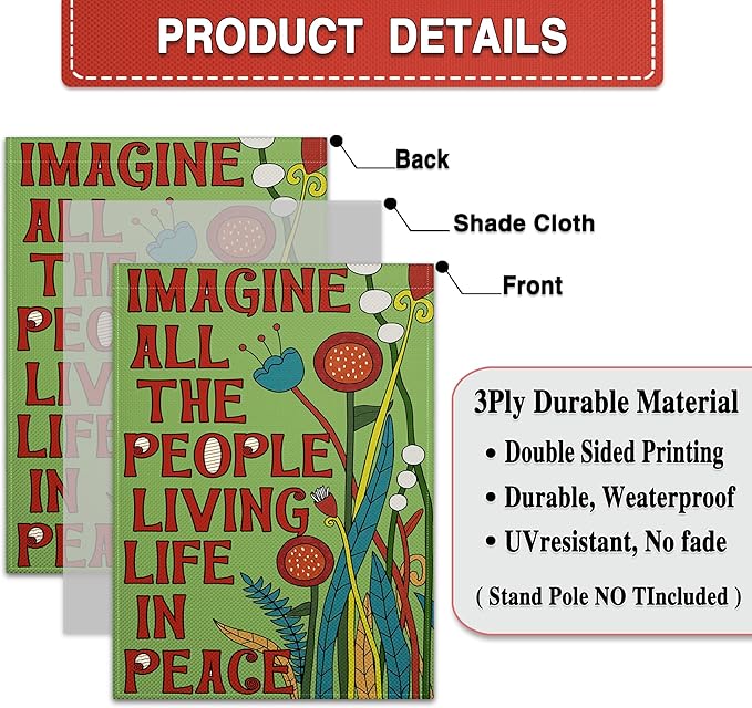 Imagine All The People Living Life in Peace Garden Flag 12x18 Inch Be Kind Garden Flags Peace Floral Sign flag for Outside Indoor House Yard Outdoor Lawn Decor