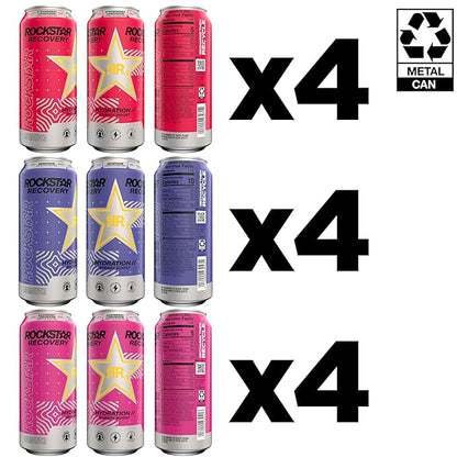 Rockstar Recovery Non-Carbonated Energy Drink, 3 Flavor Variety Pack (Raspberry Lemonade, Berryade, Strawberry Lemonade), 16 Fl Oz Cans (12 Pack), 160mg Caffeine, B Vitamins, Electrolytes