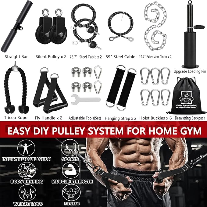 Weight Cable Pulley System Gym Upgraded Fitness LAT and Lift Pulley Attachments Tricep Workout Pulley System with Adjustable Length Cable for Home Gym LAT Pull Down Biceps Curl Tricep Arm Workouts