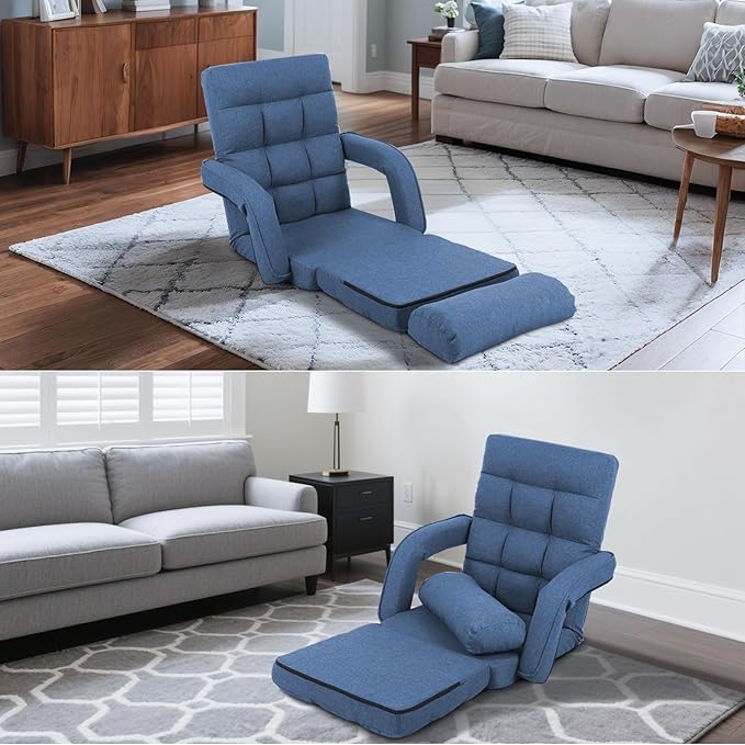 Adjustable Floor Chair for Adults with Back Suppor,5-Position Folding Lazy Sofa with Pillow, Gaming & Meditation Chair with Breathable Fabric - for Living Room, Bedroom, Office,Balcony (Blue)