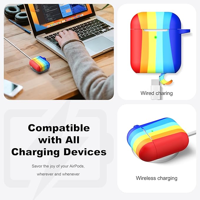R-fun Compatible with AirPods Case Cover, Soft Silicone Protective Cover with Keychain for Women Men Compatible with Apple AirPods 2nd 1st Generation Charging Case, Front LED Visible,Rainbow