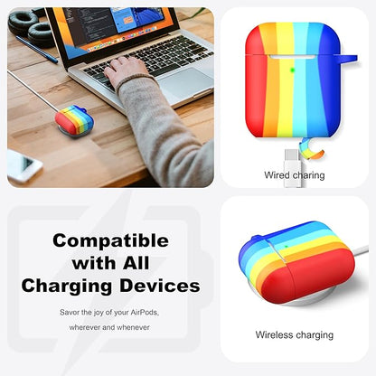 R-fun Compatible with AirPods Case Cover, Soft Silicone Protective Cover with Keychain for Women Men Compatible with Apple AirPods 2nd 1st Generation Charging Case, Front LED Visible,Rainbow