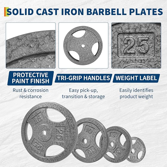 Cast Iron Weight Plates with Triple Grip Handles, 1 inch Standard Weights Plates with Anti-Rust Coating for Home Gym Strength Training, Weightlifting & Muscle Toning