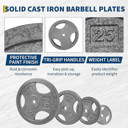 Cast Iron Weight Plates with Triple Grip Handles, 1 inch Standard Weights Plates with Anti-Rust Coating for Home Gym Strength Training, Weightlifting & Muscle Toning