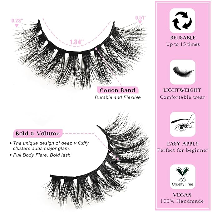 Lashes Wispy False Eyelashes Cat Eye Lash Strips Natural Look Fake Mink Eyelash Pack 14 Pairs Lightweight Fluffy Cateye Lashes Soft Cotton Band 6-13mm Wispies Full Easy Eyelashes for Women