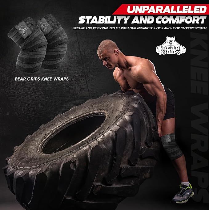 Bear Grips Knee Wraps - Heavy Duty Knee Brace Pair Compression and Elastic Support for Squats, Weightlifting, Powerlifting - Home Gym Workout Equipment Knee Support for Men and Women (Black and Gray)