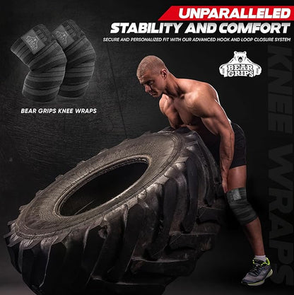 Bear Grips Knee Wraps - Heavy Duty Knee Brace Pair Compression and Elastic Support for Squats, Weightlifting, Powerlifting - Home Gym Workout Equipment Knee Support for Men and Women (Black and Gray)