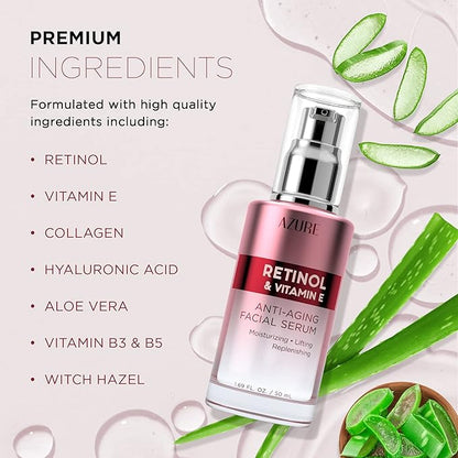 Azure Cosmetics Retinol Serum For Face - Dermatologist Tested, Anti Aging for Dark Spots & Skin Smoothing - Vitamin E for Replenishing & Skin Renewal - Vegan, Clean Beauty, Korean Skin Care - 1.69 oz