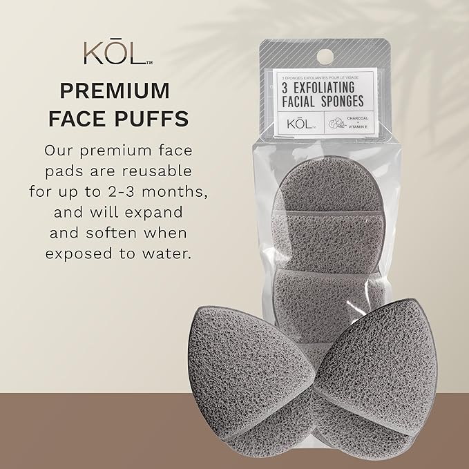 KOL Face Scrubber, Premium Charcoal and Vitamin E Infused Facial Cleansing and Exfoliating Pads for Daily Cleaning and Makeup Removal, 3 Count