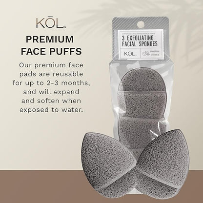 KOL Face Scrubber, Premium Charcoal and Vitamin E Infused Facial Cleansing and Exfoliating Pads for Daily Cleaning and Makeup Removal, 3 Count
