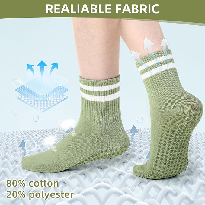 Jeyiour 4 Pairs Womens Pilates Socks with Grip Long Non Slip Yoga Crew Socks for Barre Hospital Home Workout