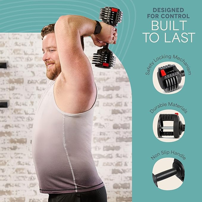 Lifepro Adjustable Dumbbells Set - 5in1-15lb 25lb 43lb 55lb weights Set & Single with Rack - Quick Adjust, Secure Grip - Compact Hand Weights for Men Women Home Gym