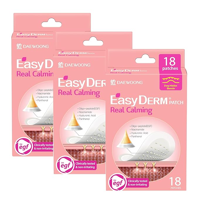 Easyderm Real Calming Patch Pimple Patches, Niacinamide, Hyaluronic Acid, EGF, K-Beauty Skincare | 6 Patches per Pack, 3 Packs (18 Total)