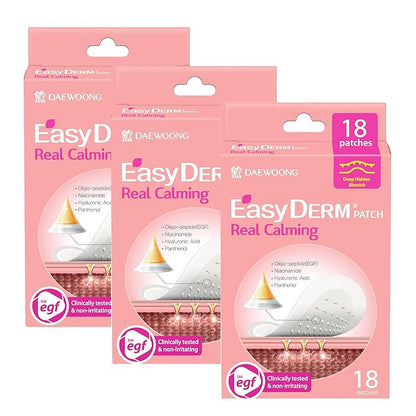 Easyderm Real Calming Patch Pimple Patches, Niacinamide, Hyaluronic Acid, EGF, K-Beauty Skincare | 6 Patches per Pack, 3 Packs (18 Total)